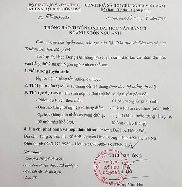 Thông báo tuyển sinh văn bằng 2 ngôn ngữ Anh của ĐH Đông Đô