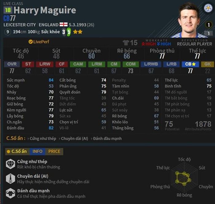  Chỉ số chung của Maguire là 77, chỉ thuộc dạng trung bình trong FIFA Online 4. Con số này chỉ ngang những trung vệ như Sokratis (Arsenal), Manolas (Napoli). Ưu điểm của tân binh Manchester United là có tới 3 chỉ số ẩn. Hạn chế lớn nhất chính là tốc độ của Maguire chỉ sở mức 53. 