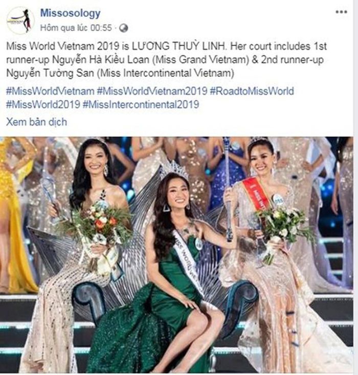  Hình ảnh Lương Thùy Linh và 2 á hậu trên fanpage của Missosology.