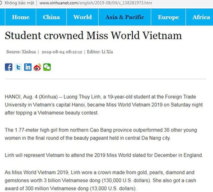 Tân Hoa Xã đưa tin Lương Thùy Linh đăng quang.