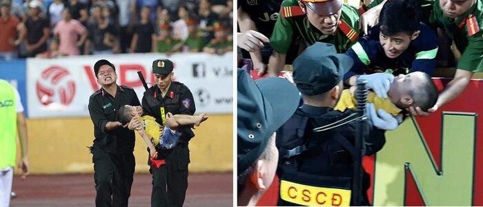 Bé trai lên cơn co giật trên sân Thiên Trường được các chiến sĩ cảnh sát cứu giúp.