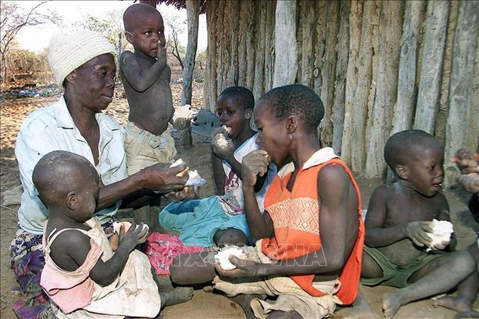 Phân phát khẩu phần ăn bánh mì cứu trợ của WFP tại một gia đình ở Binga, Zimbabwe. Ảnh: AFP/TTXVN