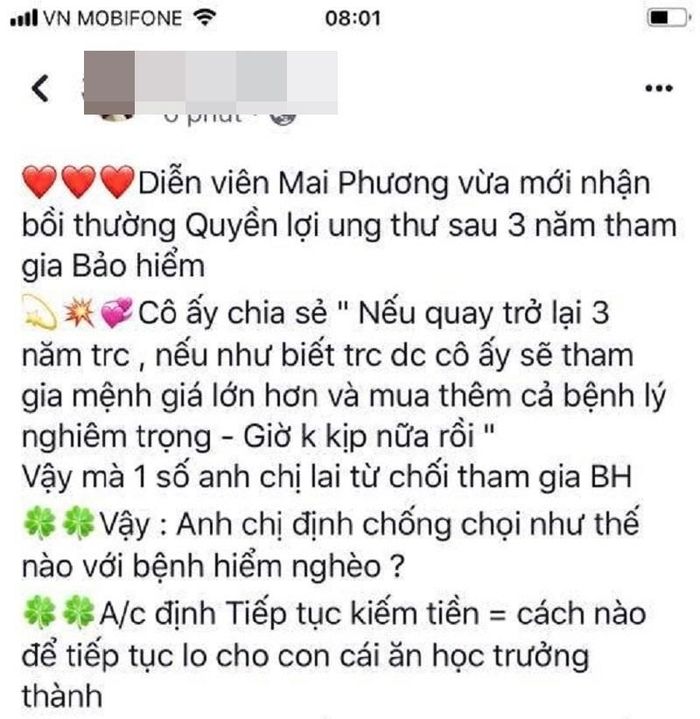 Bài đăng lợi dụng danh tiếng của Mai Phương.