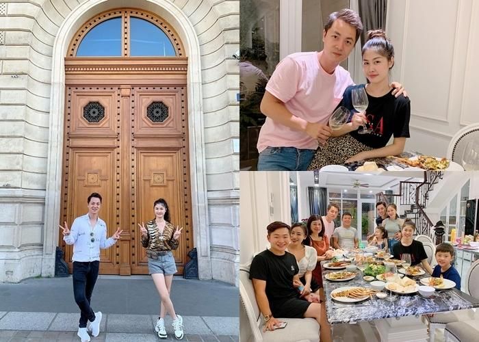 Ca sĩ Đăng Khôi đăng ảnh tạo dáng vui vẻ bên vợ trong khi vợ anh - Thủy Anh chia sẻ ảnh chụp bữa ăn bên chồng cùng gia đình và bạn bè thân thiết.