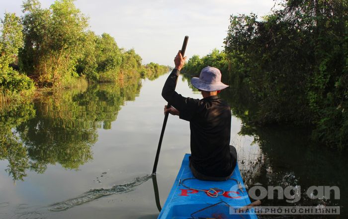 Ông Tám Mi bơi xuồng đi đặt lọp.