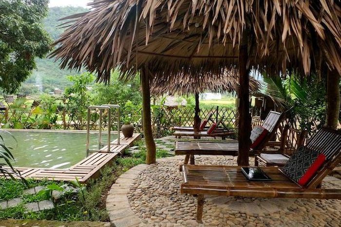 Hồ bơi sinh thái được cải tạo từ hồ nuôi cá tại một homestay. Ảnh; Dương Minh Bình