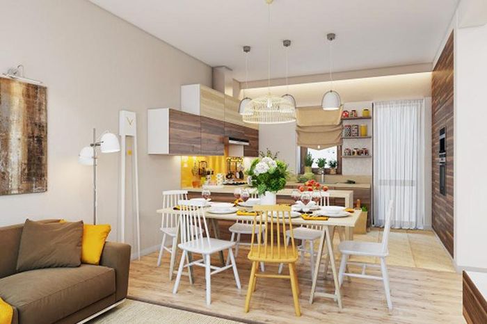 Bộ bàn ghế màu trắng có duy nhất một chiếc màu vàng là điểm độc đáo cho phòng ăn. Những chiếc đèn treo rủ xuống khiến cho căn phòng trở nên sang trọng hơn.