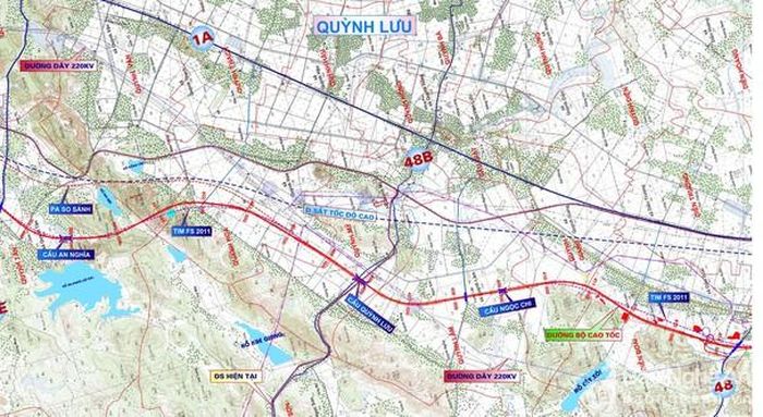 Sơ đồ hướng tuyến đường cao tốc Bắc Nam qua Quỳnh Lưu. Ảnh: T.C