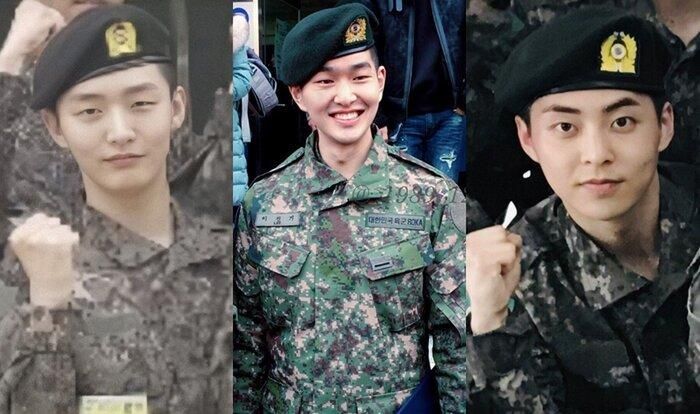 Ba anh chàng Jisung, Onew và Xiumin trong quân ngũ.