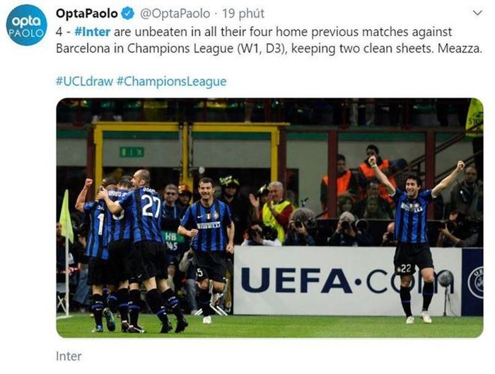  CĐV Inter vẫn có quyền tự tin khi tiếp đón Barca, bởi Nerazzurri chưa từng thua khi chạm trán đối thủ La Liga trên sân nhà (1 thắng, 3 hòa). 