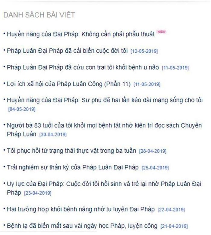 Tiêu đề một số bài viết trên trang web chính thức của Pháp Luân Công.