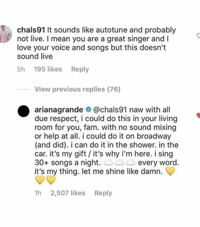 Ariana Grande sau đó đã nhanh chóng lên tiếng đáp trả.