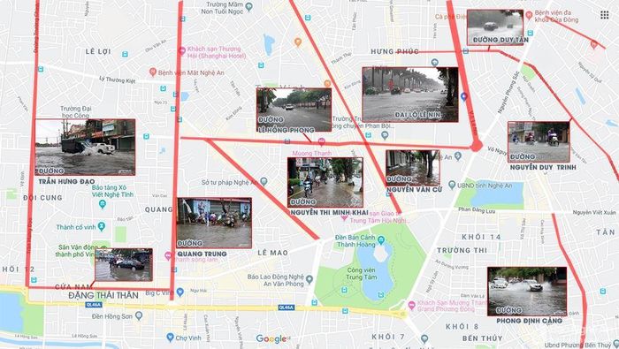 Một số tuyến đường (đánh dấu đỏ) bị ngập sâu trong ngày 3/9. Đồ họa: Lâm Tùng