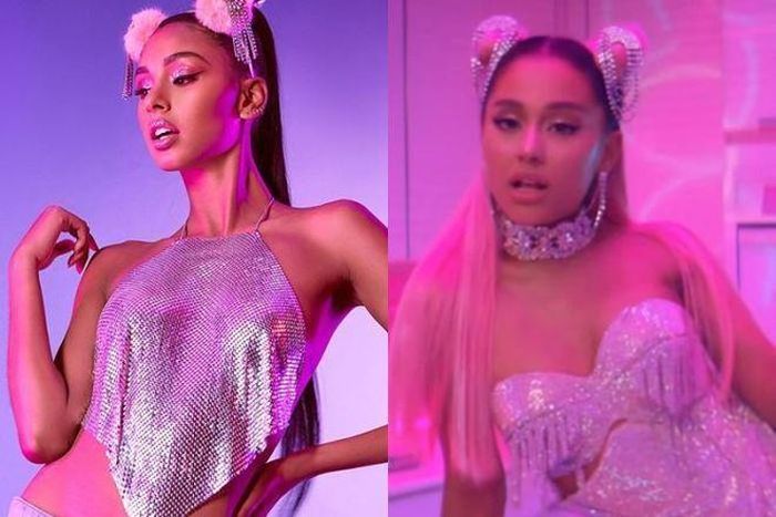 Hình ảnh người mẫu được sử dụng trong chiến dịch của Forever 21 (trái) trông y hệt Ariana Grande trong MV 7 Rings. Ảnh: ABC.