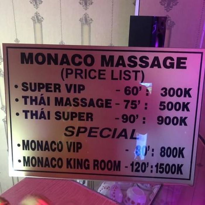 Bảng giá tại Massage Monaco
