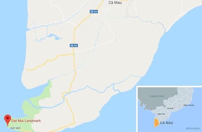 Mũi Cà Mau (chấm đỏ). Ảnh: Google Maps.