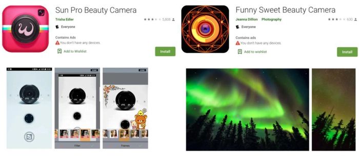 2 ứng dụng chụp ảnh độc hại Sun Pro Beauty Camera và Funny Sweet Beauty Selfie Camera.