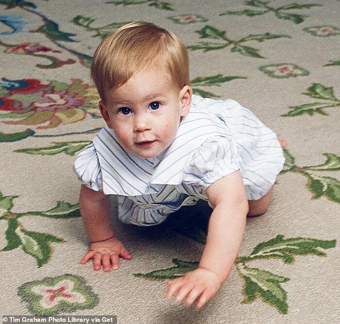 Hoàng tử Harry lúc nhỏ, đang tập bò tại Cung điện Kensington.