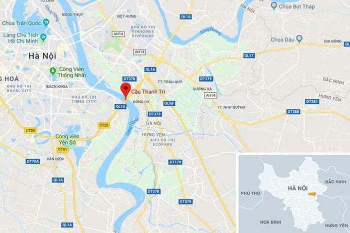 Tai nạn xảy ra trên cầu Thanh Trì (chấm đỏ). Ảnh: Google Maps.