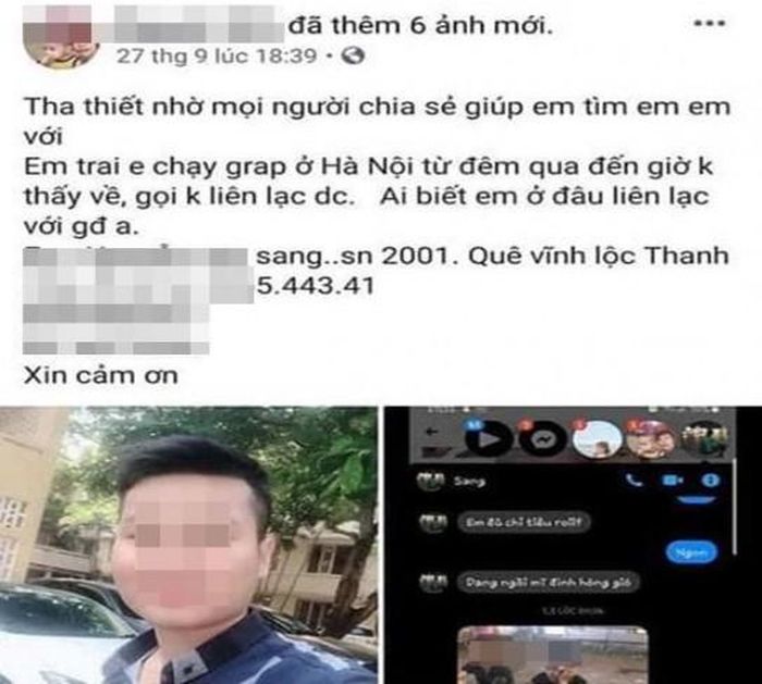 Thông tin tìm kiếm em trai chạy Grab bị mất tích được đăng tải trên mạng
