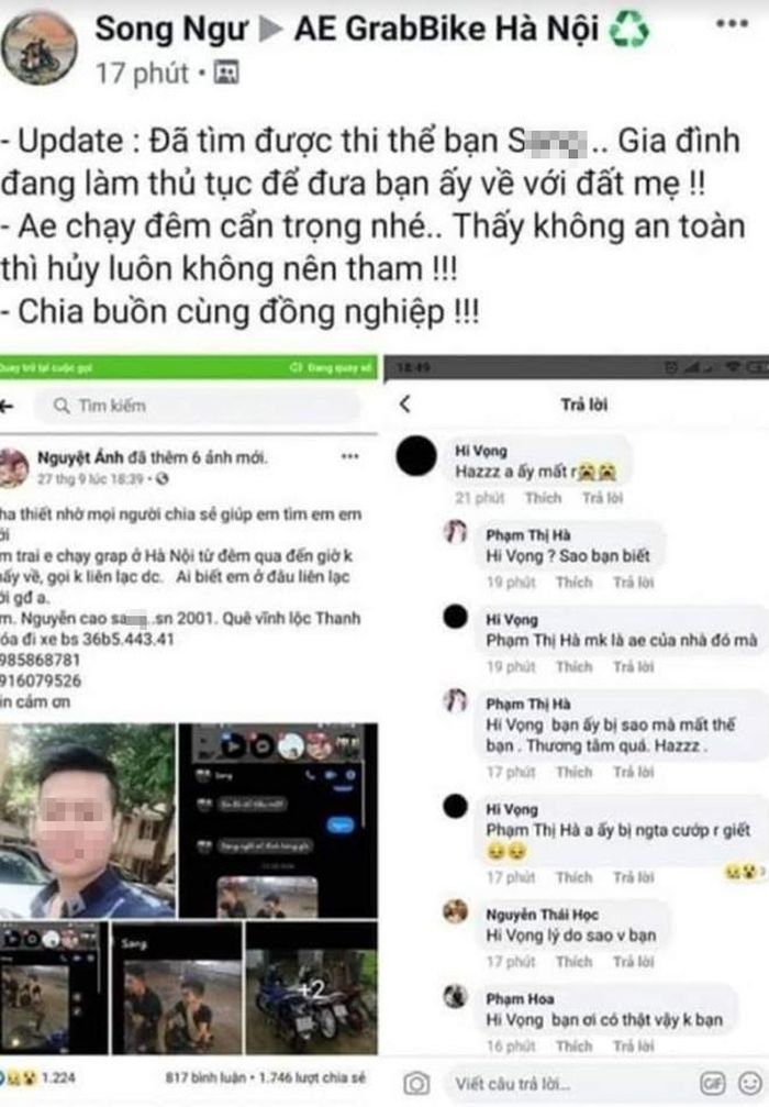Thông tin tìm kiếm nam thanh niên được người thân chia sẻ trên mạng.