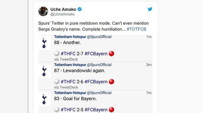 "Twitter của CLB Tottenham trong tâm trạng chá nản. Thậm chí, họ còn không buồn nhắc tới tên của Serge Gnabry. Hoàn toàn vụn vỡ".