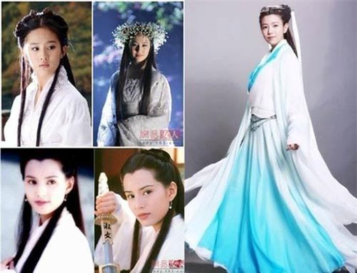 Tạo hình xấu “thê thảm” của Trần Nghiên Hy trong vai Tiểu Long Nữ (phải). Cô hoàn toàn lép vế cả về ngoại hình lẫn khả năng diễn xuất do với các đàn chị đi trước.