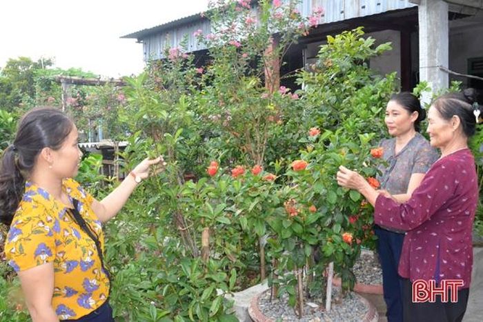 Một góc vườn nhà của Chủ nhiệm CLB “Nhà sạch, vườn đẹp” số 2 thôn Nam Mỹ Lợi Nguyễn Thị Lý (ngoài cùng bên phải)