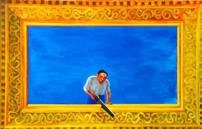 Tác phẩm “Bên trong khung hình”, màu tổng hợp trên vải bố, 75cm x 125cm, 2019