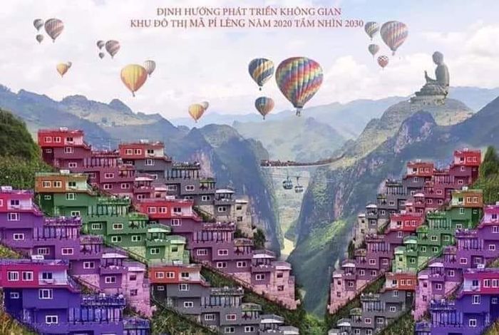Trong bức ảnh, con đèo Mã Pì Lèng bị phủ kín bởi những tòa nhà, còn trên bầu trời thì chằng chịt những khinh khí cầu.