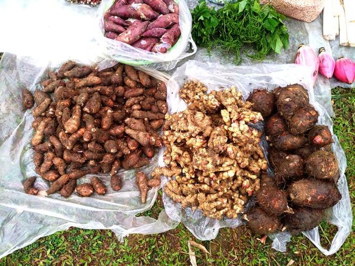Các sản phẩm nông nghiệp như các loại đỗ, gừng, khoai, trám do người Mông thôn Lũng Vài làm ra được đem đến bán tại chợ quê.