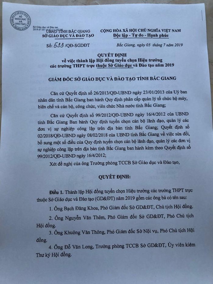  Quyết định số 533 ngày 5/7/2019 về việc thành lập Hội đồng tuyển chọn để bổ nhiệm chức danh Hiệu trưởng các trường THPT trực thuộc Sở GD&amp;ĐT Bắc Giang năm 2019