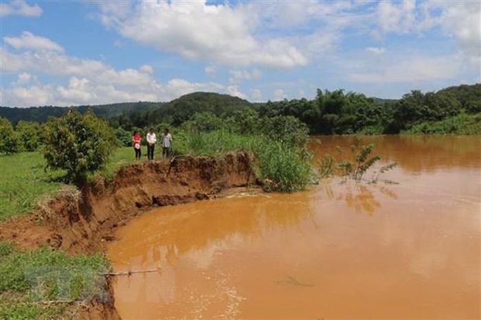 Khai thác cát trái phép đang ảnh hưởng đến nhà, đất nông nghiệp của người dân. (Ảnh: K GƯỈH/TTXVN)