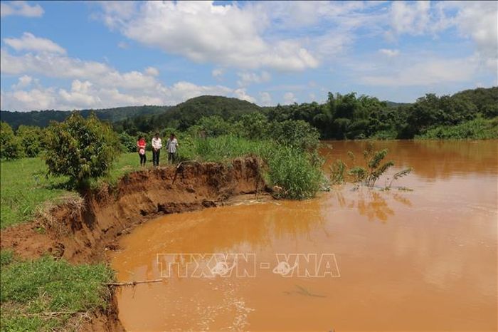 Khai thác cát trái phép đang ảnh hưởng đến nhà, đất nông nghiệp của người dân. Ảnh: K GƯỈH/TTXVN