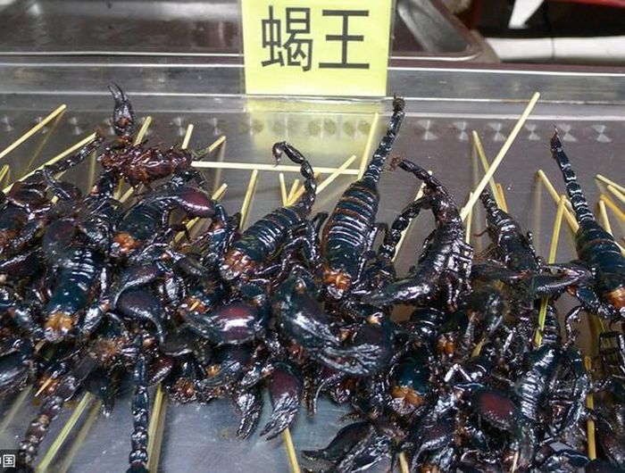 Tuy có phần rùng rợn nhưng bọ cạp xiên lại là món ăn được bày bán trong nhiều quầy hàng ẩm thực ở Hàng Châu và Bắc Kinh