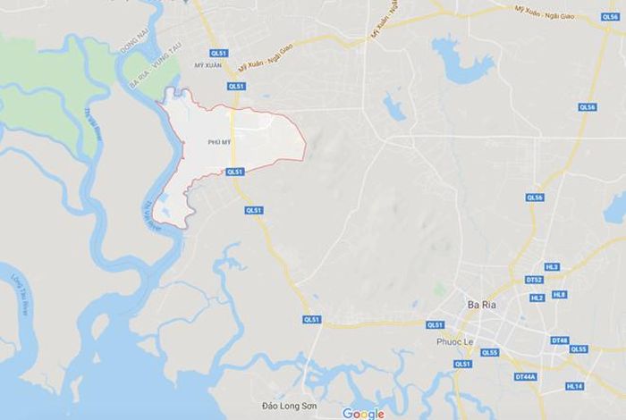 Phường Phú Mỹ (khoanh đỏ), thị xã Phú Mỹ. Ảnh: Google Maps.