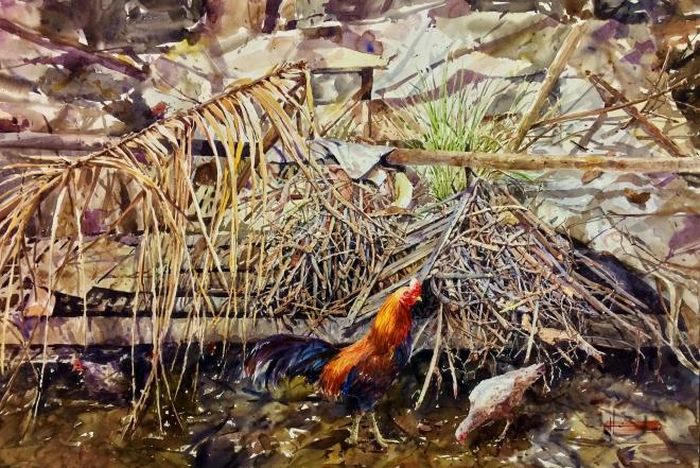 Tác phẩm “Góc vườn xinh” (màu nước, 80cm x 120cm, 2018) đang trưng bày tại Pendhapa Art Space, Indonesia
