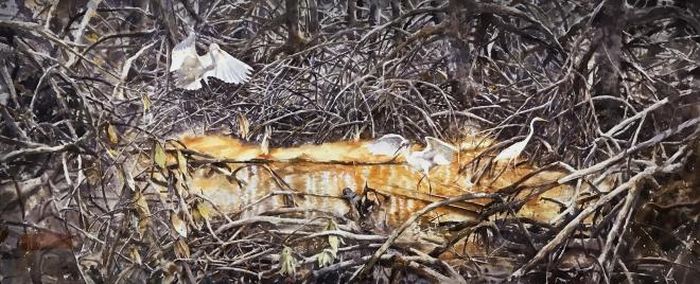 Tác phẩm “Yên bình” (màu nước, 82cm x 200cm, 2019) đang trưng bày tại Pendhapa Art Space, Indonesia