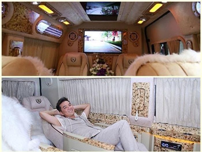 Bên trong xe được thiết kế như một căn phòng hạng sang với ghế lông, ghế nằm bằng da cho đến hệ thống điện tử như tivi, radio, đèn đọc sách...