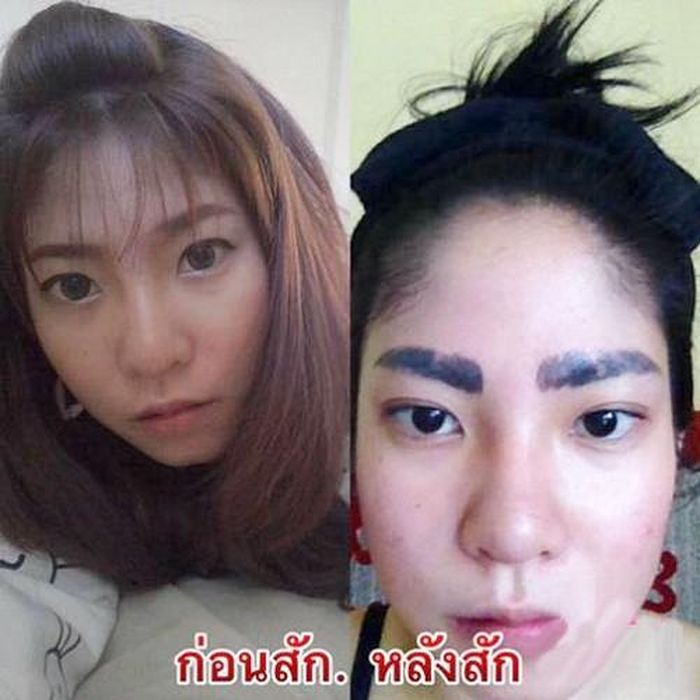 Cô gái Thái Lan khốn khổ vì cặp lông mày như “nhọ nồi” của mình, lông mày khi chưa xăm còn đẹp hơn gấp nhiều lần.