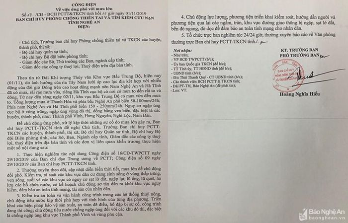 Nội dung công điện. Ảnh: L.T