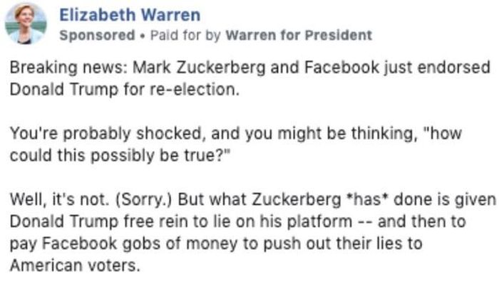 Nghị sĩ Elizabeth Warren từng quảng cáo sai sự thật để thử Facebook. Ảnh chụp màn hình.