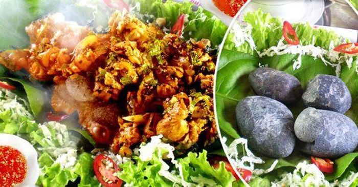 Khi những hòn sỏi được nung thật nóng, thực khách chỉ cần nhanh tay gắp từng miếng thịt đã được tẩm ướp rồi cho lên mặt đá để nướng. Thịt heo khi đã săn lại, chuyển sang màu vàng nhạt là có thể thưởng thức được ngay.