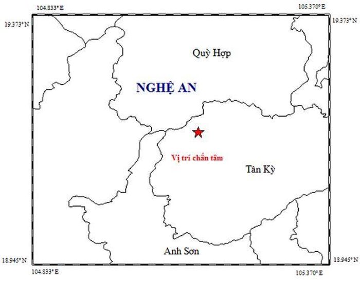 Bản đồ tâm chấn động đất tại Nghệ An. Ảnh: Viện Vật lý địa cầu