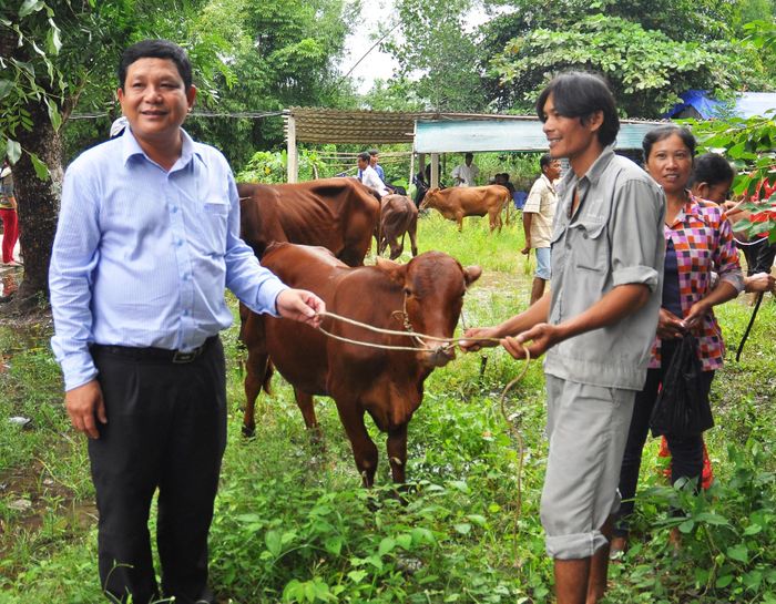 Chủ tịch Ủy ban MTTQ Việt Nam tỉnh Sóc Trăng Dương Sà Kha trao bò giống cho hộ nghèo.