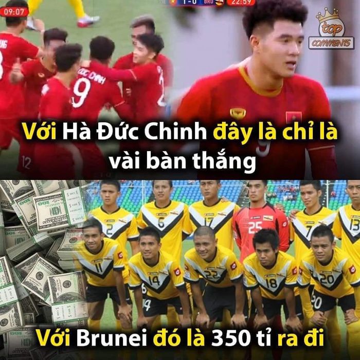 Trước trận đấu, đội tuyển U22 Brunei được treo giải 350 tỉ nếu cầm hòa được đội tuyển U22 Việt Nam, thế nhưng Hà Đức Chinh đã sút bay số tiền ấy chỉ sau 10 phút nhập cuộc.