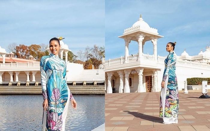 Hoàng Thùy đăng ảnh mặc áo dài tại một ngôi đền Ấn Độ trên đất Mỹ. Cô chia sẻ: “Tôi thực sự cảm thấy tự hào khi khoác trên mình bộ trang phục truyền thống của chúng tôi”.