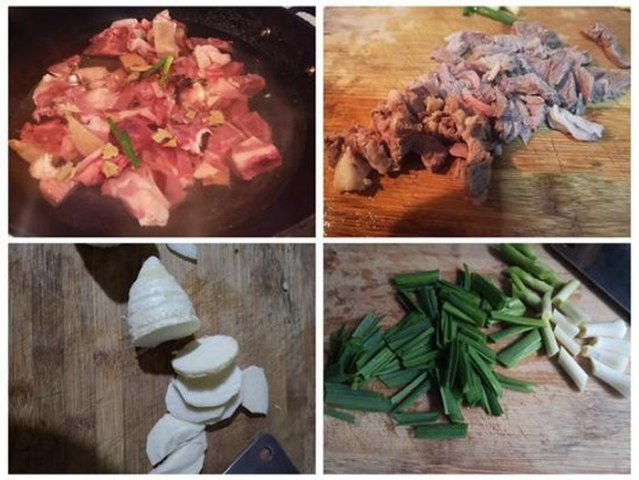 Cho chút dầu vào chảo, cho thịt bò vào xào tái với chút muối rồi trút ra đĩa. Vẫn dùng chảo đó phi thơm hành và tỏi rồi cho măng vào xào chín với chút muối. Khi măng đã chín đổ lại thịt bò vào xào cùng cho thấm đều gia vị. Cuối cùng thêm hành lá, ớt thái lát vào đảo đều rồi tắt bếp.