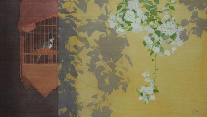 Tác phẩm “Ngày hoa nở 01”, 2019, màu nước trên lụa, 65cmx120cm - TG Lưu Chí Hiếu.