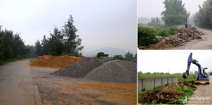 Các tuyến đê biển cũng bị xâm lấn, xuống cấp.Tuyến đê biển từ Quỳnh Long, Quỳnh Thuận, Sơn Hải (Quỳnh Lưu) bị chiếm dụng thành nơi để vật liệu xây dựng và chất thải rắn. Ảnh: P.V